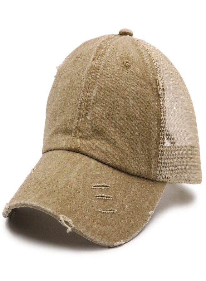 ProMindFun Womens Ponytail High Messy Bun Hats Distressed Baseball Caps Unconstructed Washed Dad Hat Girls Trucker Ponycaps (03-Light Khaki) - Image 2